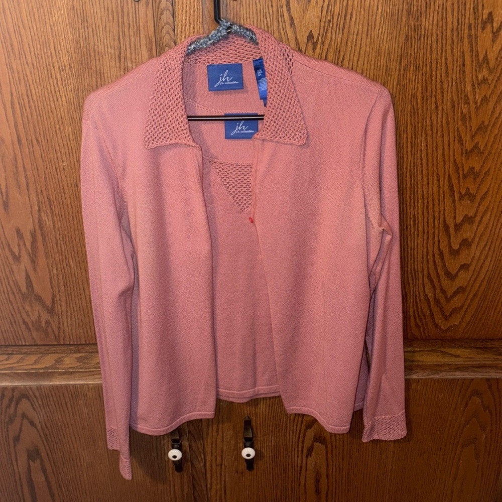 Pink sweater set size large, tank and cardigan
